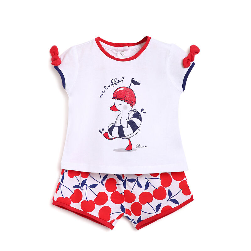 Girls White & Red Printed 2 Pc Set T-shirt with Short Trouser image number 0